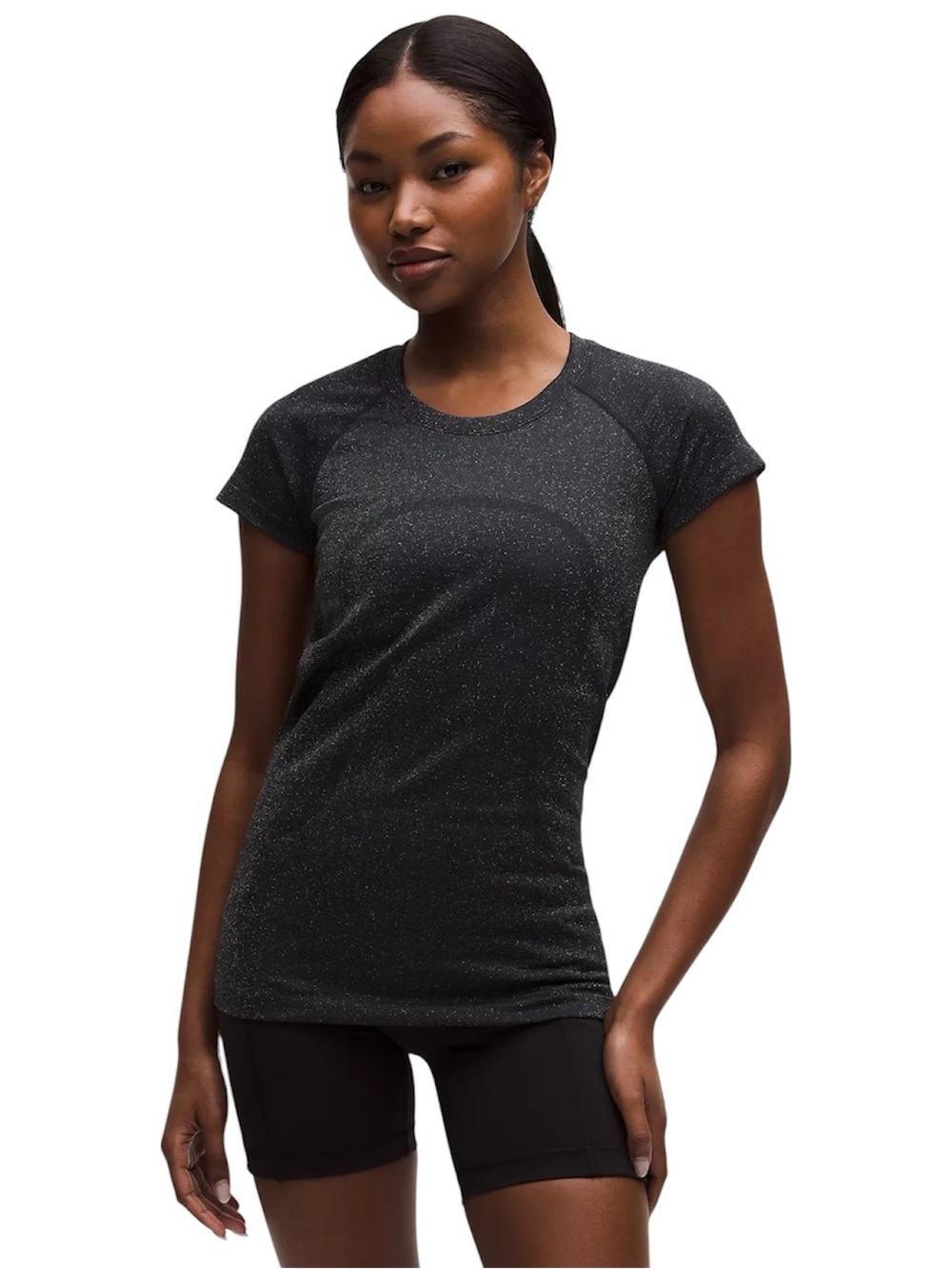Lululemon NWT Swiftly Tech Short Sleeve Black Sparkle Shirt 2.0 Hip Length Sz 4